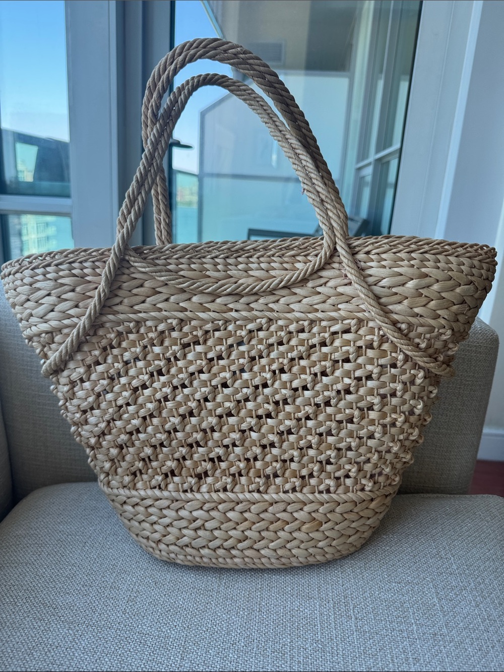 J. Crew Natural Woven Tote with Cream Floral Accent - Picture 2 of 6